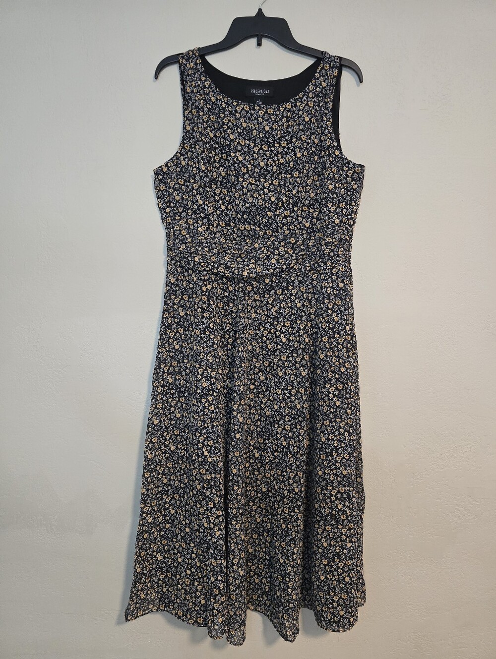 Perceptions Floral Sleeveless Dress Midi Large Black Gold